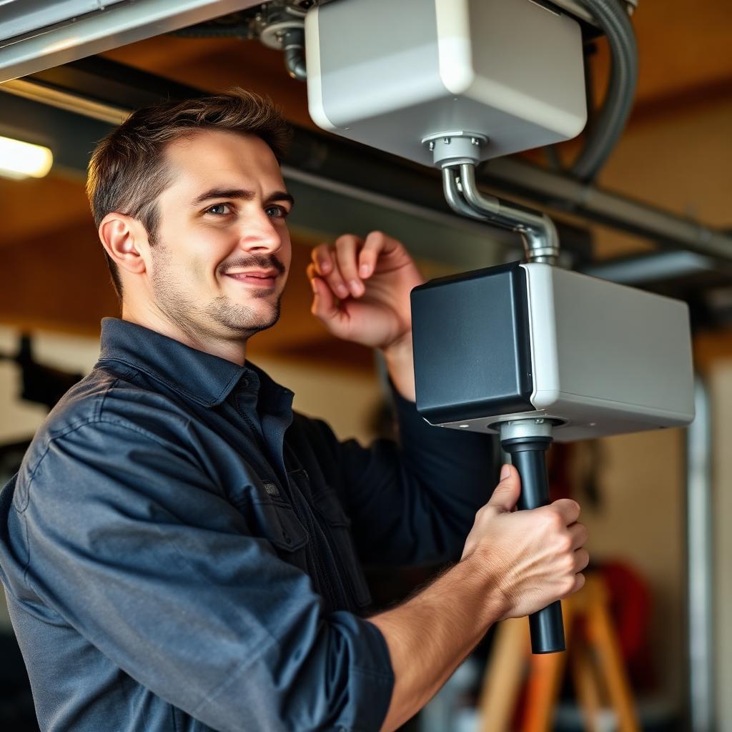 Experienced garage door repairman adjusting garage door opener motor