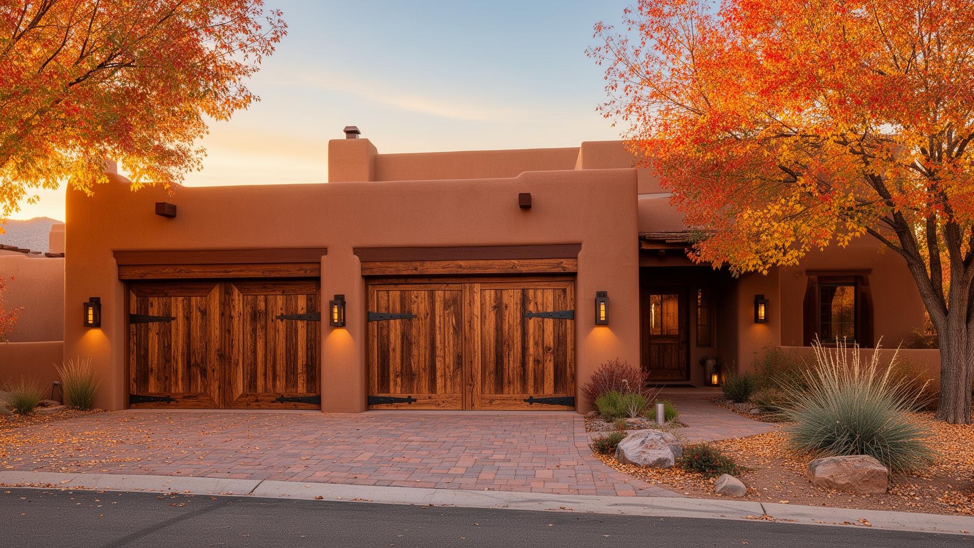 Beautiful desert Southwest adobe home with rustic wood grain garage doors and iron strap hinges
